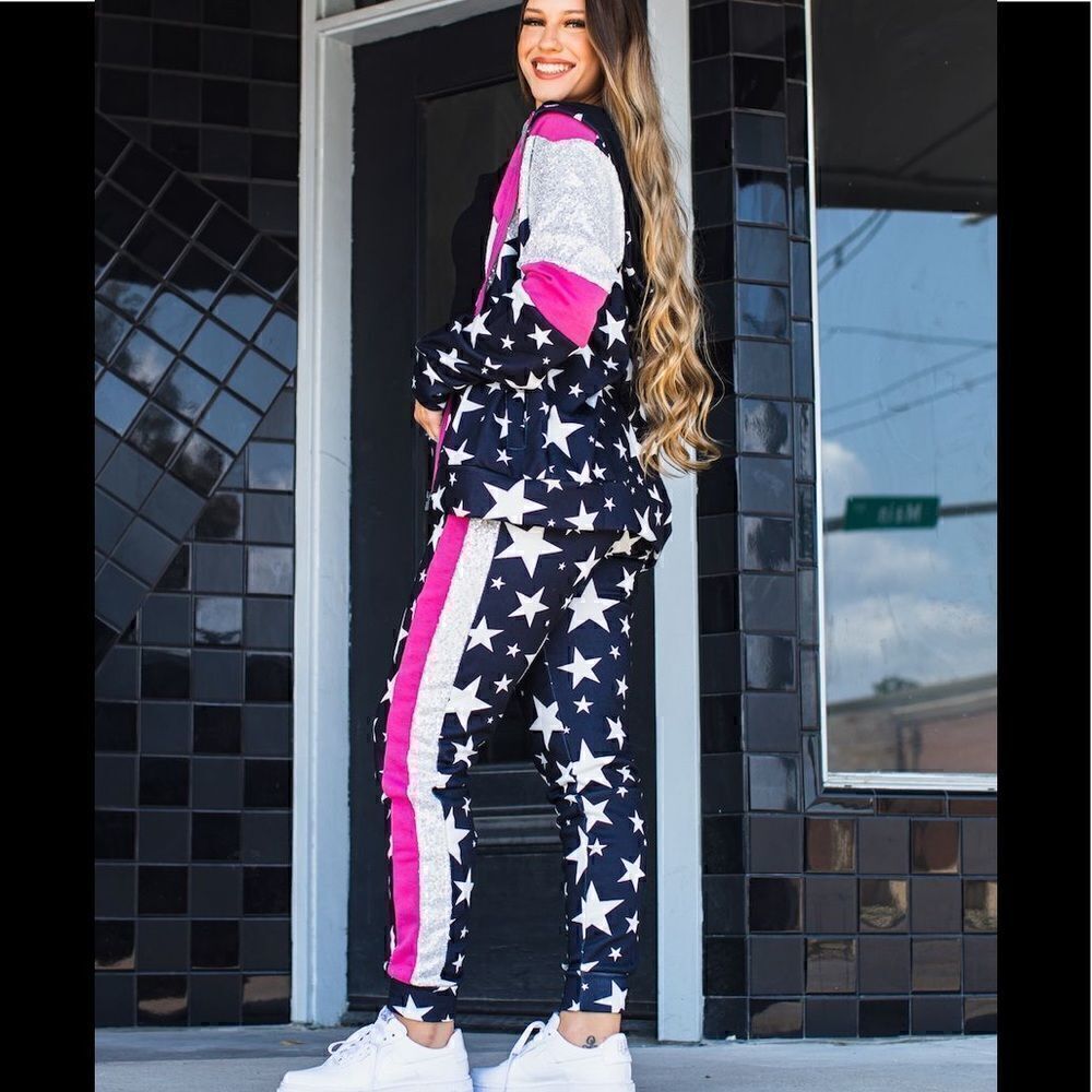 L & B Stars and Sequin Stripes Jogger Set - Picture 1 of 3
